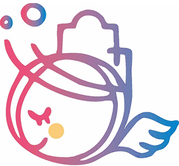「ひろしまを考える旅」ロゴマーク 広島の「原爆ドーム」と「旅する人」を表しています。白い羽根は「旅」と平和の象徴「ハト」をイメージしています。